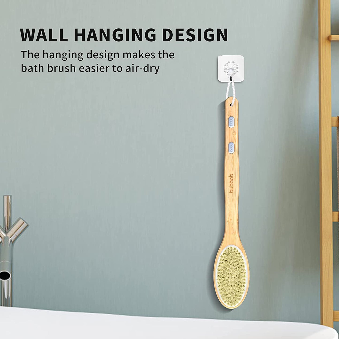 Bamboo Shower Body Exfoliating Brush, Bath Back Cleaning Scrubber with Long Handle, 1 Hook