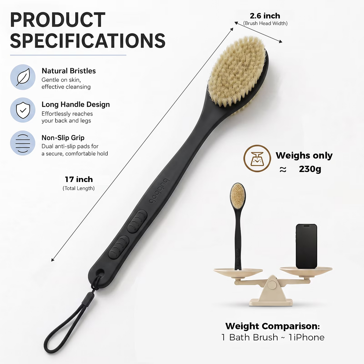 Bubbob Long Handle Back Scrubber for Shower, Double Sided Bristles for Wet or Dry Brushing, 1 Hook