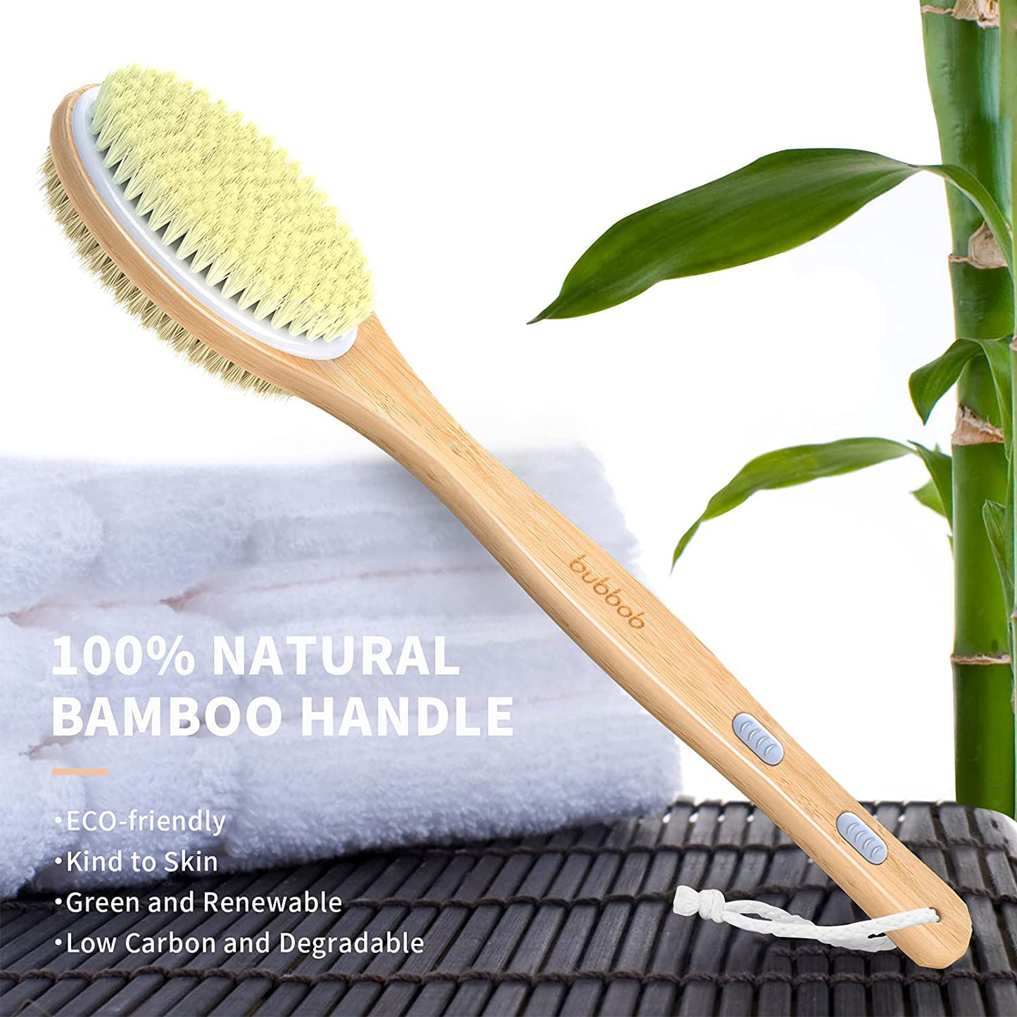 Bamboo Shower Body Exfoliating Brush, Bath Back Cleaning Scrubber with Long Handle, 1 Hook