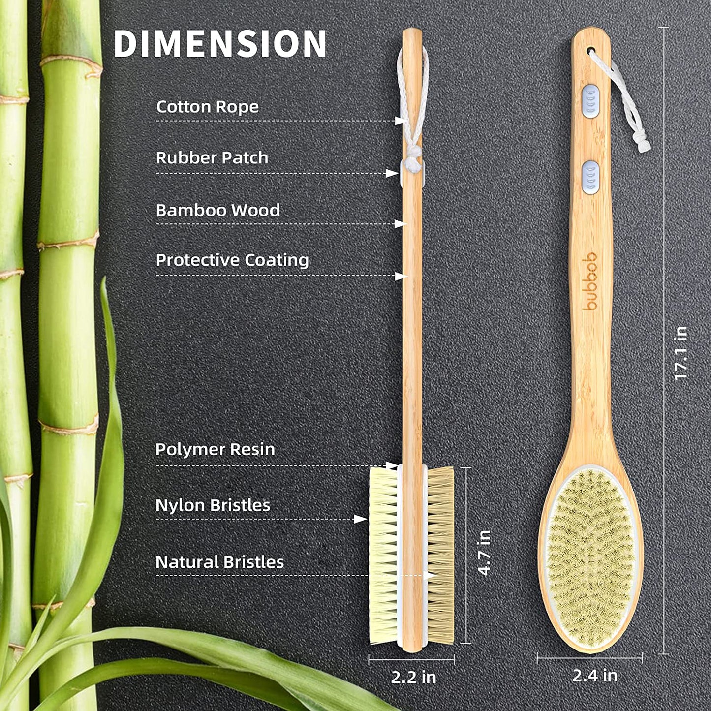 Bamboo Shower Body Exfoliating Brush, Bath Back Cleaning Scrubber with Long Handle, 1 Hook