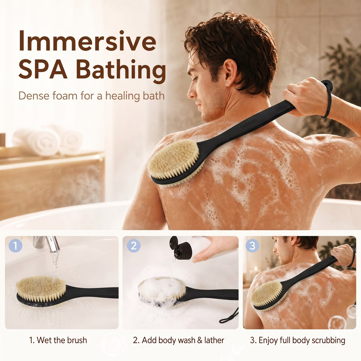 Bubbob Long Handle Back Scrubber for Shower, Double Sided Bristles for Wet or Dry Brushing, 1 Hook