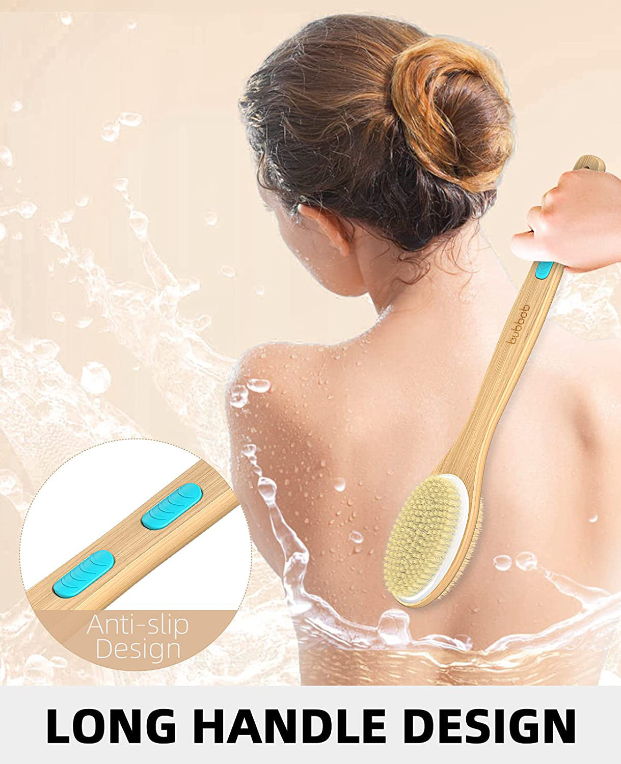 Shower Brush with Soft & Stiff Bristles, Bath Dual-Sided Long Handle Back Scrubber, 1 Hook