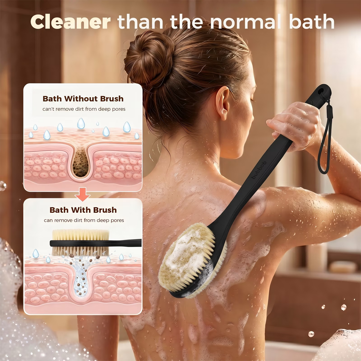 Bubbob Long Handle Back Scrubber for Shower, Double Sided Bristles for Wet or Dry Brushing, 1 Hook
