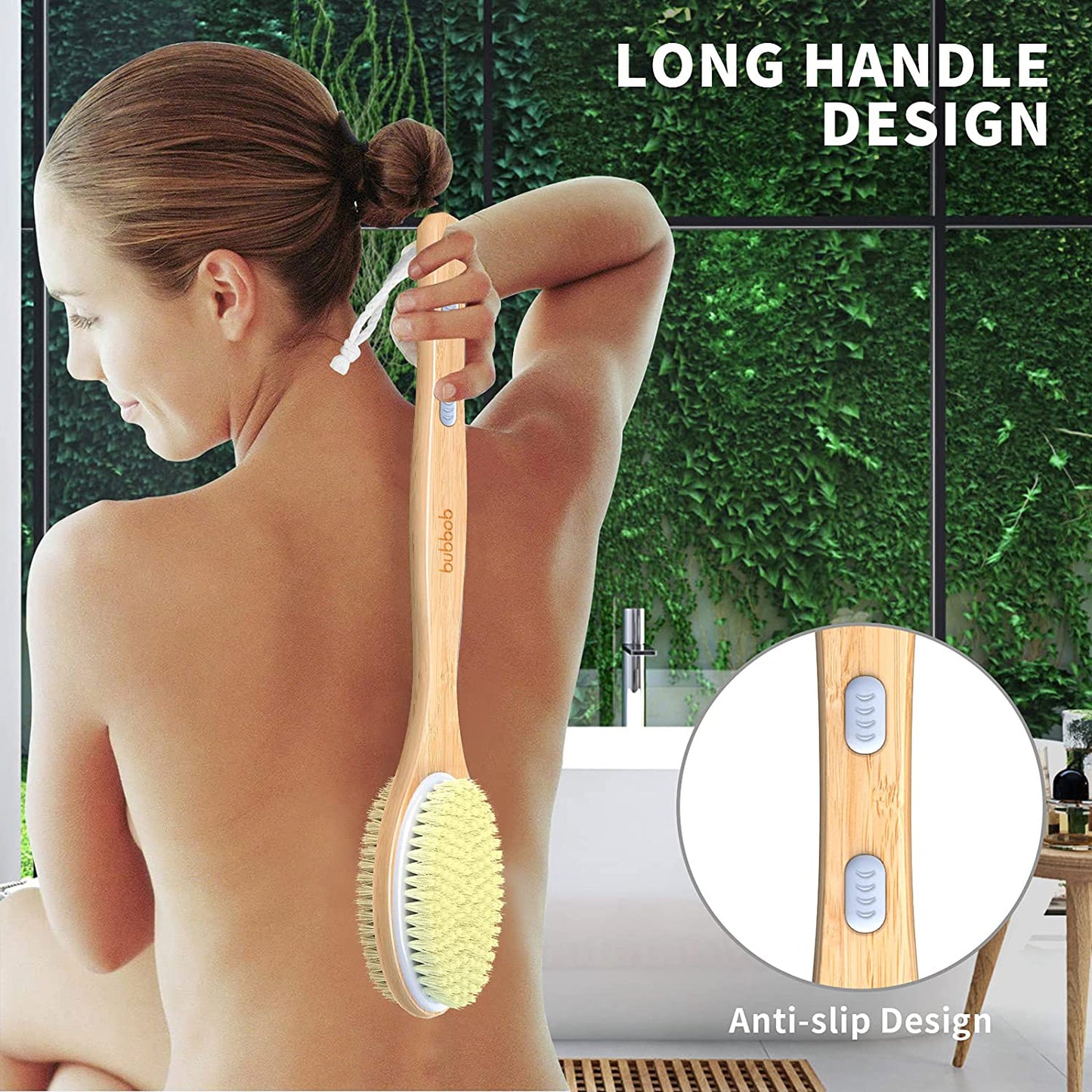 Bamboo Shower Body Exfoliating Brush, Bath Back Cleaning Scrubber with Long Handle, 1 Hook