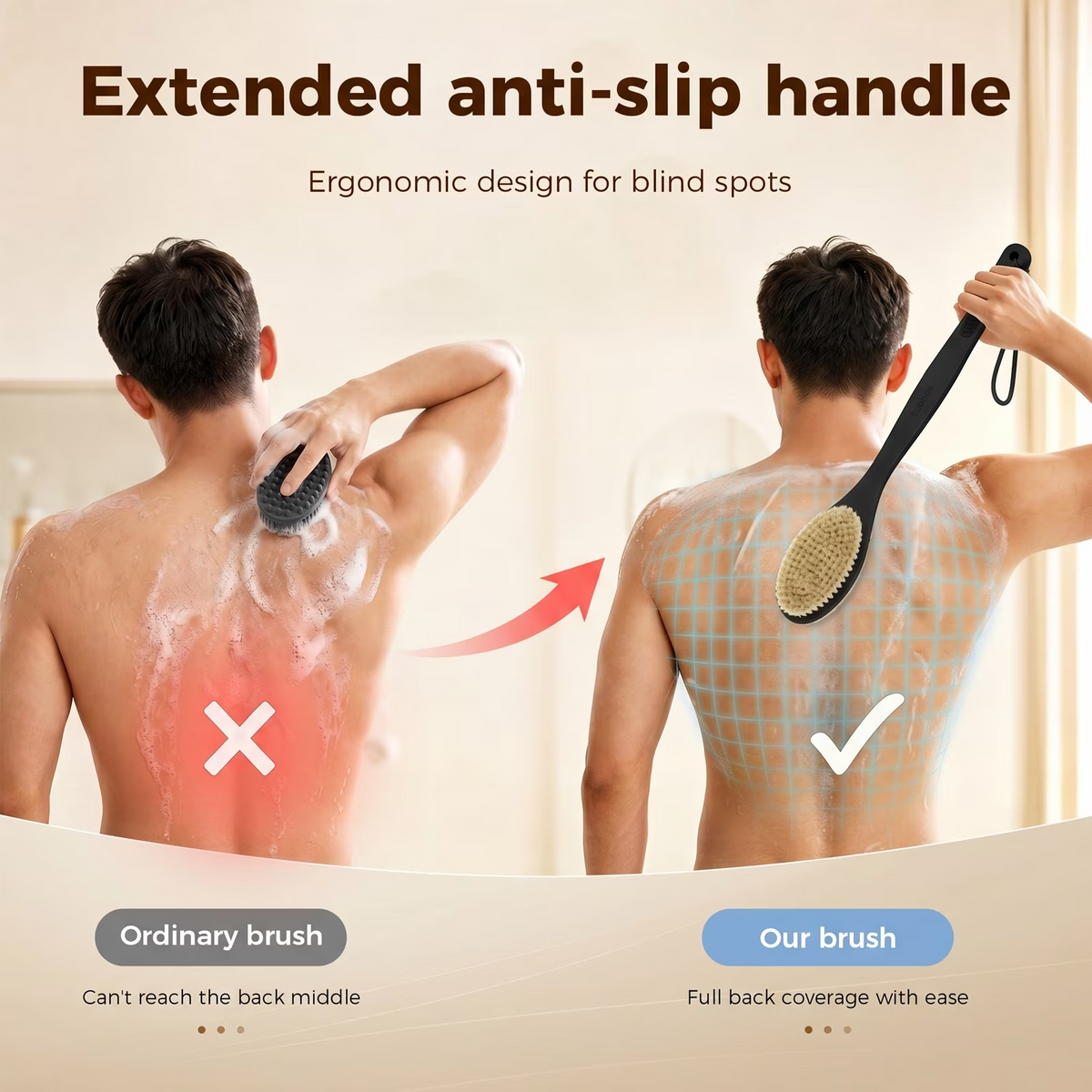 Bubbob Long Handle Back Scrubber for Shower, Double Sided Bristles for Wet or Dry Brushing, 1 Hook