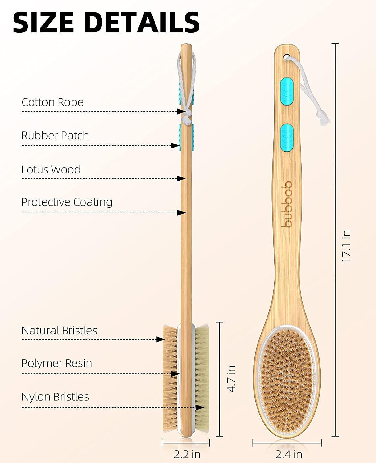Shower Brush with Soft & Stiff Bristles, Bath Dual-Sided Long Handle Back Scrubber, 1 Hook