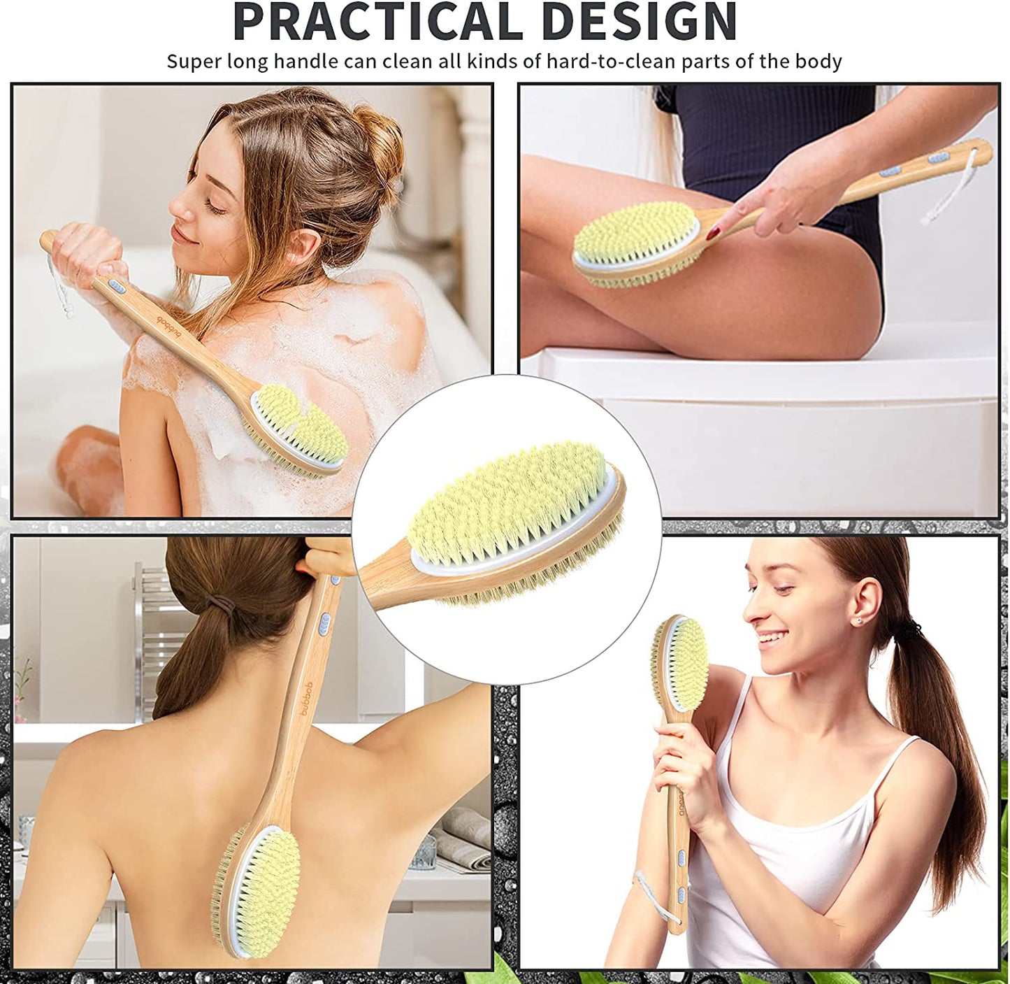 Bamboo Shower Body Exfoliating Brush, Bath Back Cleaning Scrubber with Long Handle, 1 Hook