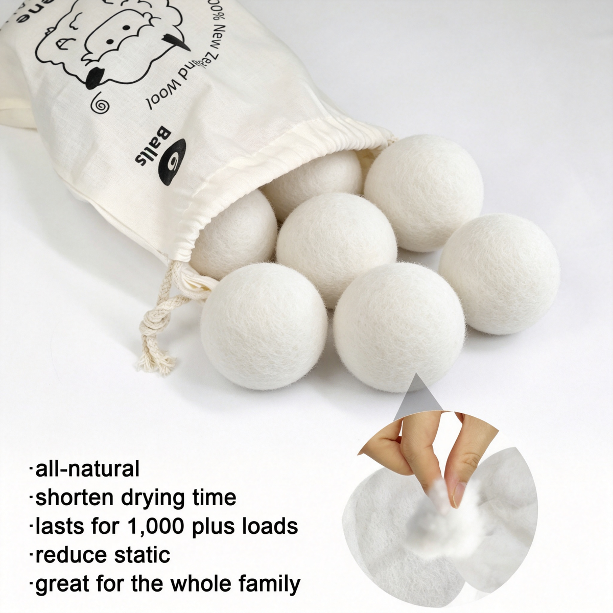 Wool Dryer Balls 6 Pack, Reusable, Reduce Wrinkles and Decrease Drying Time, Hypoallergenic