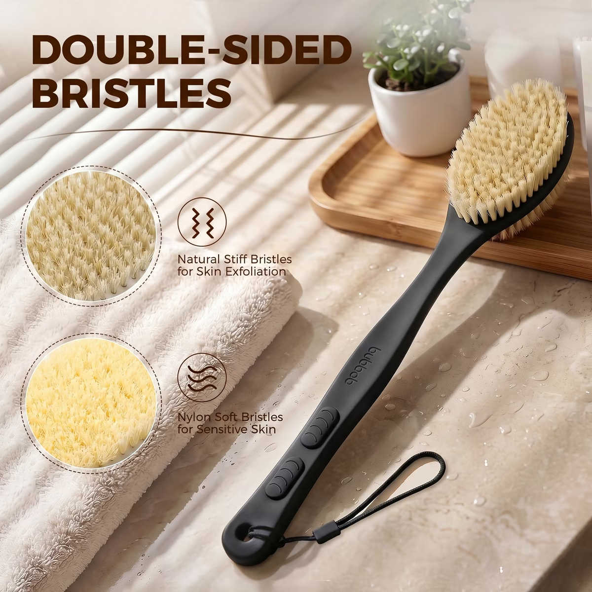 Bubbob Long Handle Back Scrubber for Shower, Double Sided Bristles for Wet or Dry Brushing, 1 Hook