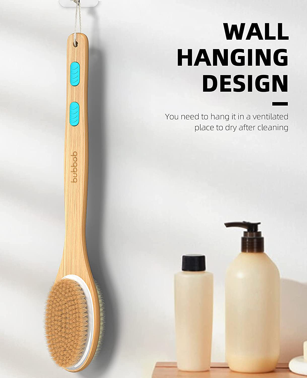 Shower Brush with Soft & Stiff Bristles, Bath Dual-Sided Long Handle Back Scrubber, 1 Hook